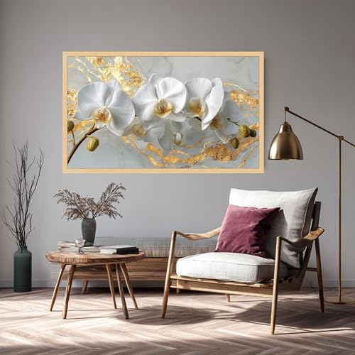 Toile orchidée blanche grand format 60x105 impression florale dorée - 3