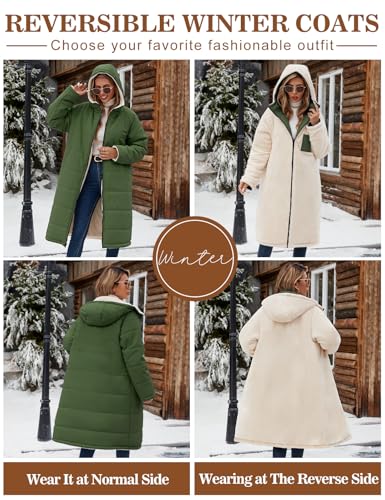 Vancavoo Wintermantel Damen Lang Winterjacke Warm Gefüttert Winterparka Winter Jacke Mantel Parka Steppmantel Daunenmantel mit Kapuze,Armee Grün,L