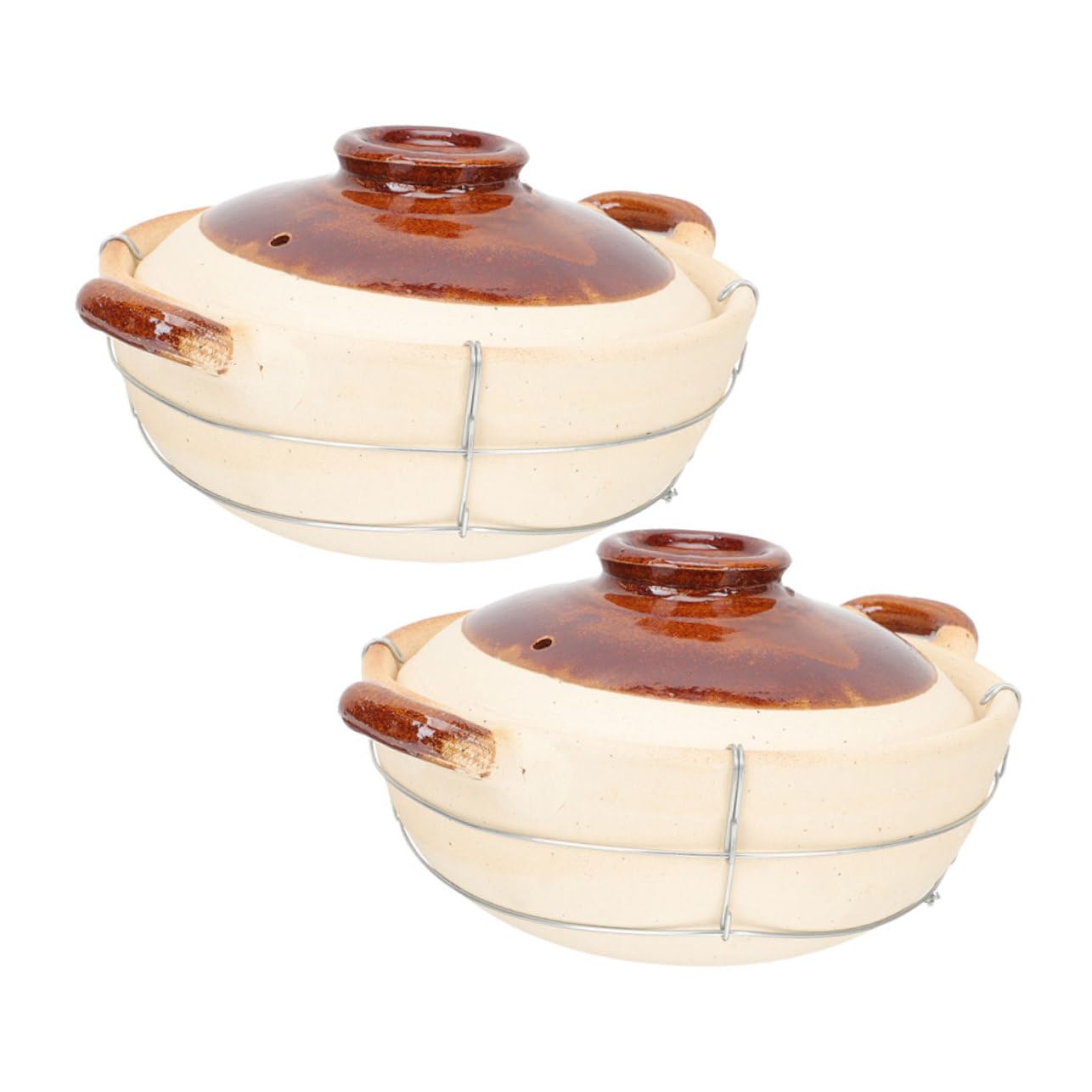 Cazuela de Barro con Asa, 2 Piezas, Beige, para Guisos | Arcilla y Hierro, Resistente a Altas Temperaturas, Diseño Ergonómico del Mango