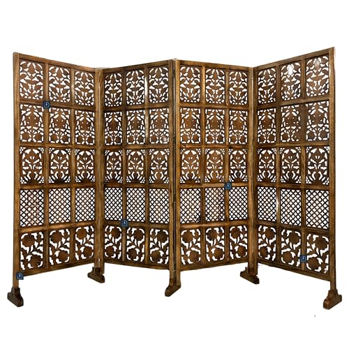 Image of Wooden Room Partition /Screen /Room Divider /Room Separator Burnt Wood Finish (Hand Buffing) Frame Traditional Handicrafts 6Ft Height (30 Inches Width 4 Panel)