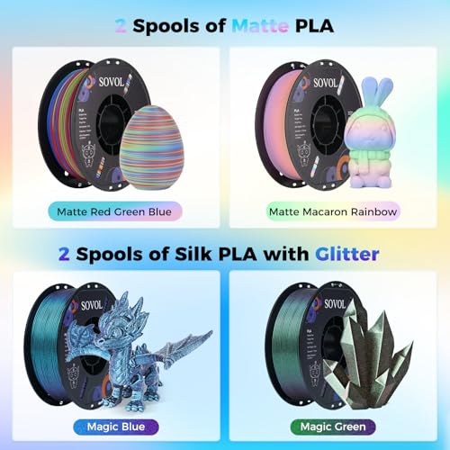 Image of Sovol PLA Filament 10KG, Silk Tri Color & Dual Color Co-Extrusion PLA, Shiny Multicolored Fast Change Rainbow 3D Printer Filament, Matte & Glitter & Glow in The Dark PLA 1.75mm 1kg / 2.2lbs + /-0.03mm