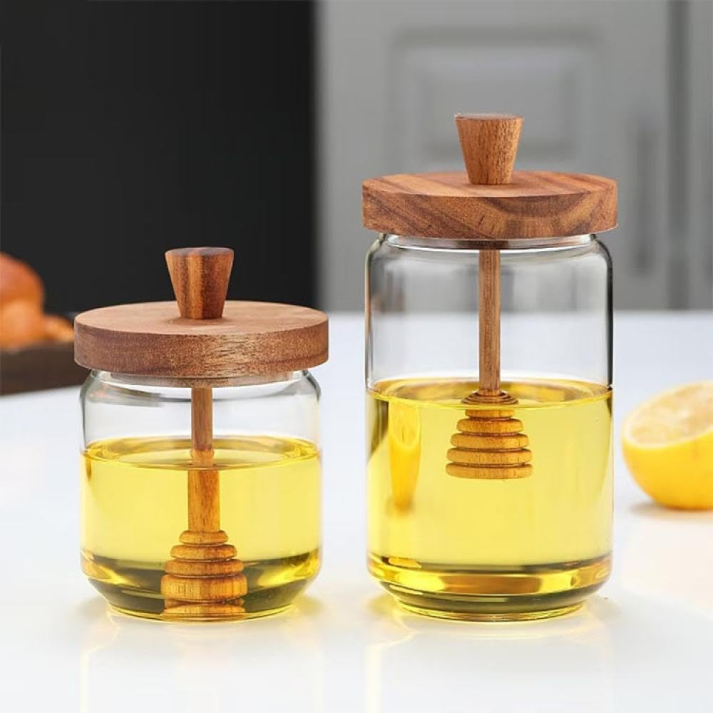 Sizikato 15 Oz Borosilicate Glass Honey Jar with Wood Honey Dipper