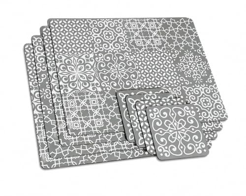 Image of FAHD TRADERS Cork Backed Placemats & Coasters Set of 8 | Heat Resistant Waterproof Table Mats | 4 Placemats & 4 Coasters | Easy Clean Kitchen Dining Table Mats | Marble, Bee & Geometric Designs(Geo)