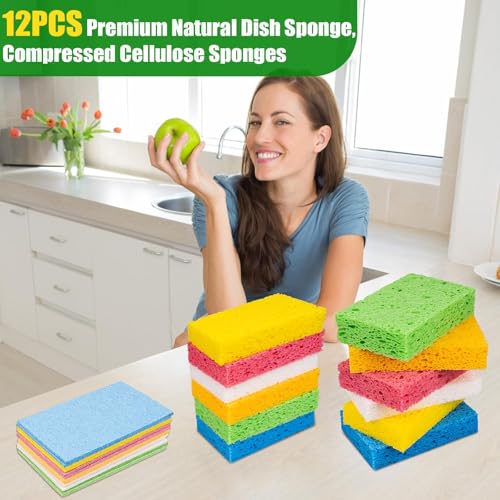 Image of 12 Pack Eco-Friendly Super Absorbent Kitchen Sponges - Non-Scratch Compressed Sponges for Dishwashing and Multi-Purpose Cleaning
