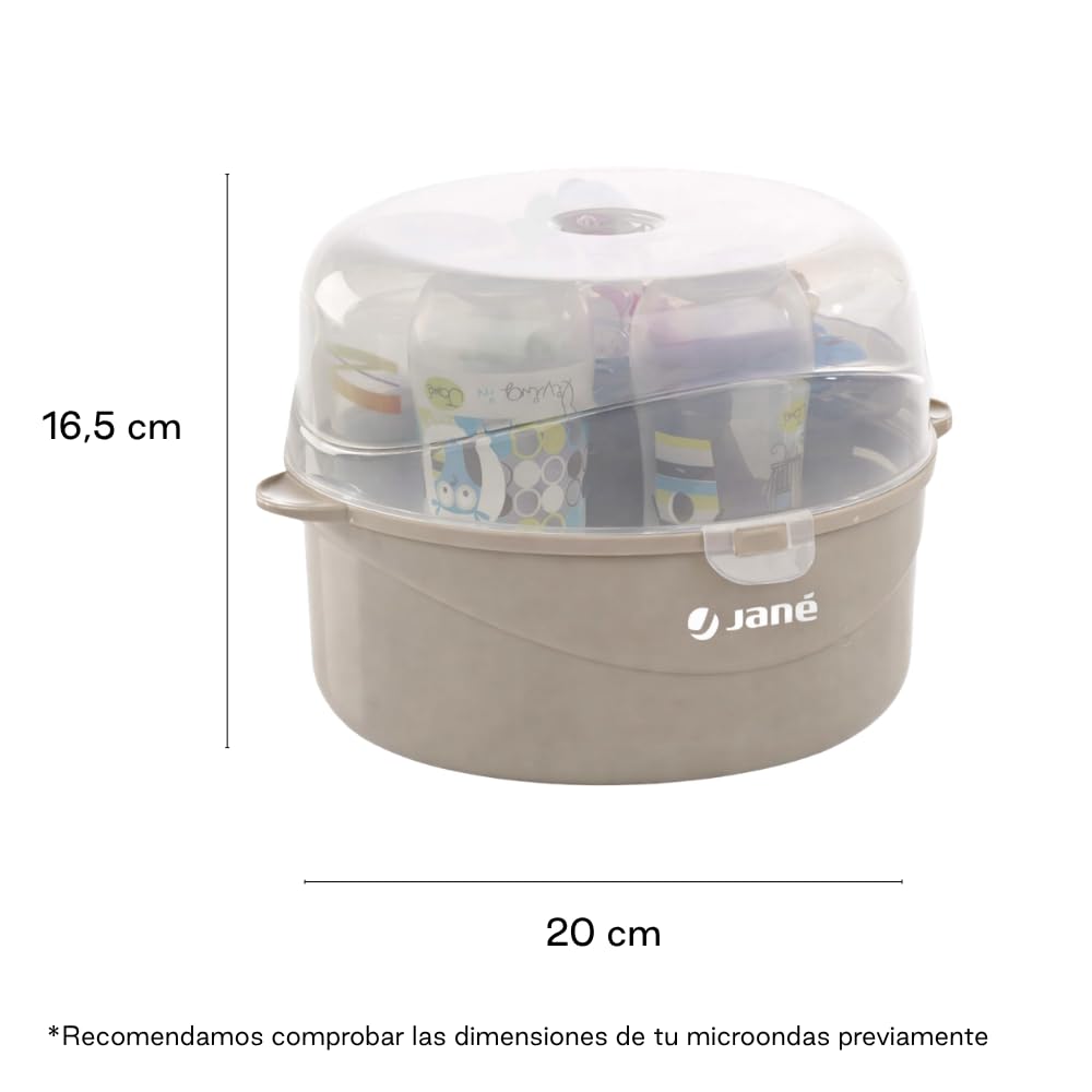 Jané Sterilizzatore per Microonde 6 Biberon, con Cestello per Tettarelle e Pinza, BPA Free, Grigio