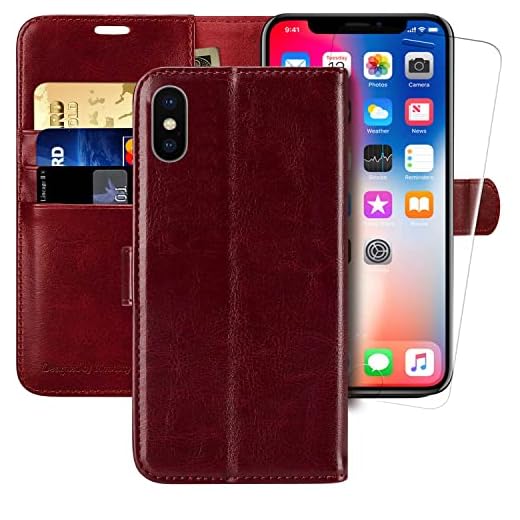 MONASAY iPhone Xs Fodral, iPhone X Plånboksfodral, Stöttåligt Läderfodral med [Kortplatser][Kickstand][Magnetisk Stängning] Flip Skal Kompatibelt med iPhone Xs/iPhone X 5,8"