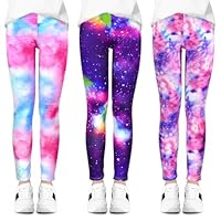 BondEron Mädchen Sporthose 3er-Pack, Elastische Leggins im bunten Kosmos Design, Blickdichte Freizeithose für Turnen und Schulsport, Mädchen, Größe 128-140