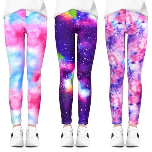 BondEron Leggings für Mädchen 3er-Pack, Mehrfarbige Yogahose mit Universum Druck, Weiche und Bequeme Sporthose für Sport und Tanzen, Blickdichte Stretchhose, Größe 116-128