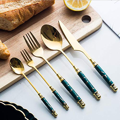 Ensemble de couverts en argenterie, 30 pièces, ensemble, vaisselle, manche céramique marbre, couteau, fourchette, cuillère, à steak, dessert, lavable au lave-vaisselle, vert