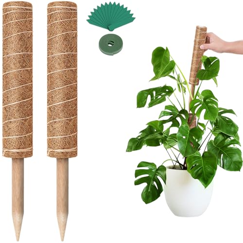 GROWNEER 24 Inch Moss Pole for Plants Indoor, 2 Pcs 15 Inch Stackable Coir Totem Monstera Support, Moss Sticks with 15pcs Labels and 78in Garden Ties, Stake for Climbing Snake Plants Indoor