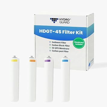 Hydro Guard HDGT-45 4-Stage RO Filter Replacement Kit with 50 GPD Membrane | Complete annual filter refresh bundle for HDGT-45 reverse osmosis drinking water systems; includes all 4 stages plus membrane
