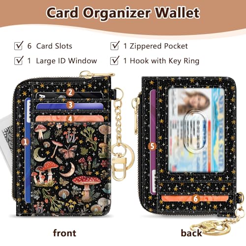 Image of GIANCOMICS Slim Wallet Credit Card Holder Women, Mushroom Rfid Blocking Small Card Case, Keychain Thin Pocket Curved Zipper Wallet, Travel Card Holder PU Leather ID Window, Ladies Female Gifts