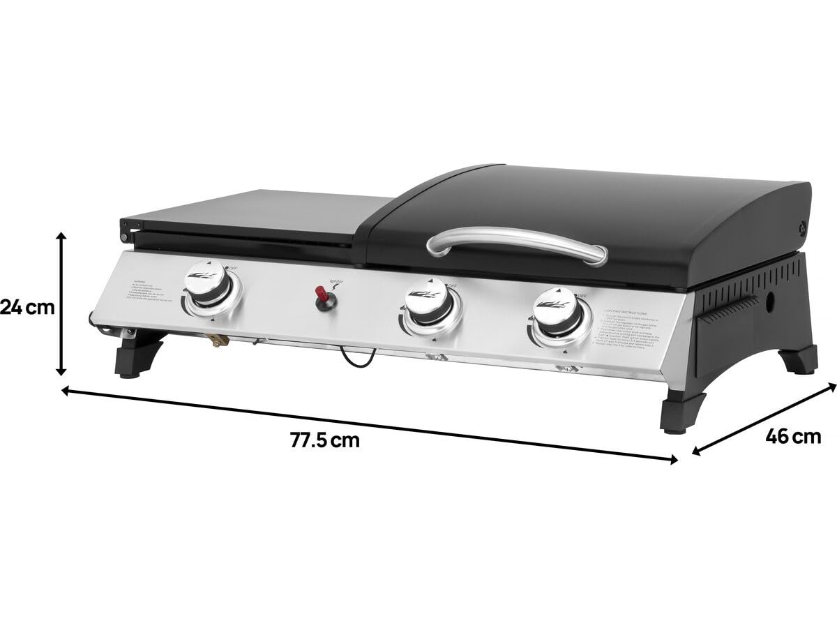 Plancha gaz avec Couvercle Rasio - 7.5 KW - 3 brûleurs - Noir