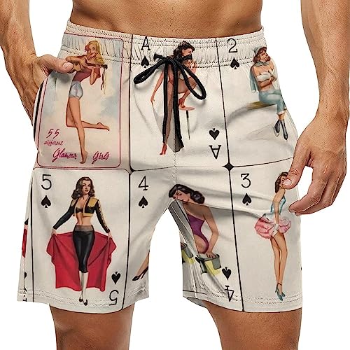 Poker Pinup Girls Mens Swim Trunks Quick Dry Beach Shorts Casual Sports Board Shorts Swimwear with Pocket