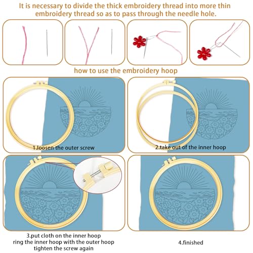 Image of BEUNITONE 6 Set Flower Sea Starter Embroidery Kit with Pre-stamped Pattern Needlepoint Craft Kits with Embroidery Hoops Complete DIY Handmade Cross Stitch Set for Home Decor and Festival Gifts 20x20cm