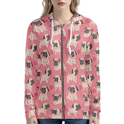 Biyejit Damen Langarm-Kapuzenpullover mit Reißverschluss und Kordelzug und Kapuze, lässiges Oberteil mit Taschen, Cartoon Mops Hund, 38