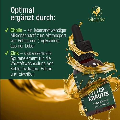 VITACTIV Bitterkräuter - Bittertropfen ohne Alkohol - Erlesene Kräuter plus Cholin & Zink - Bitterstoffe Tropfen nach Hildegard von Bingen - Ohne Künstliche Zusätze, Zuckerfrei, Vegan - 50ml