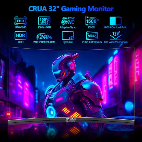 CRUA Gaming Monitor 32 Inch 240Hz, Curved PC Monitor Full HD 1080P 1500R Frameless Computer Monitor with FreeSync and Eye Care Technology, Supports VESA - Image 3