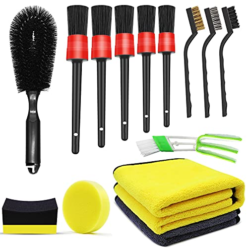 Updated 14 Pcs Car Cleaning Tools Kit with car Detailing Brush Set,Tire Brush, for Cleaning Wheels, Interior, Exterior, Detailing Interiors Premium Microfiber Cleaning Wipe - Car Cleaning Suppies kit