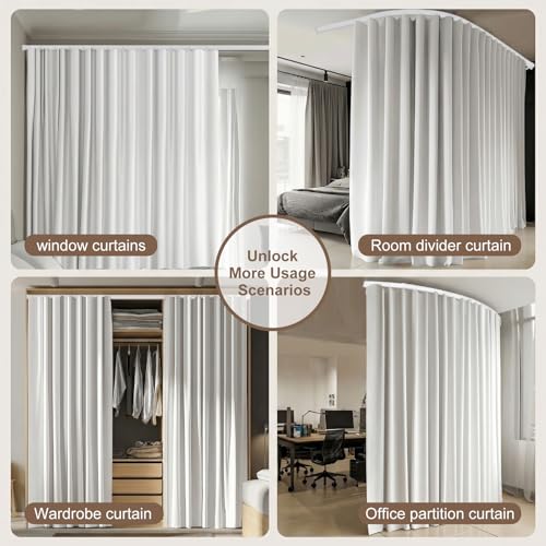 Image of Room Divider Curtains & Flexible Bendable Tracks Set,Privacy Dividers Ceiling Track Curtain Window Blackout Curtains for Living Room Bedroom (W180 x H108 In 1 Panel White Drape & White Rail)
