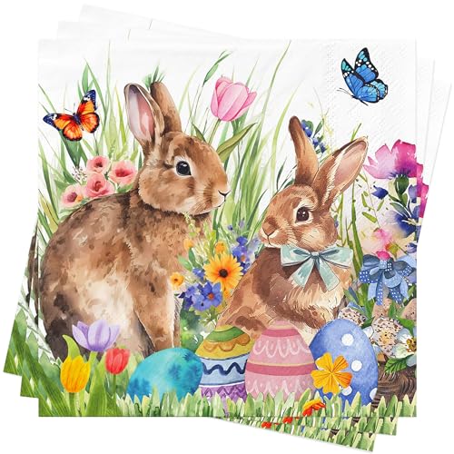 40Stück Ostern Servietten Ostern Deko Dekoration Frühling Blume Osterhase Servietten Afternoon Tea Party Servietten Frühling Geburtstag Servietten Oster Tischdeko Papierservietten Zubehör 33x33cm