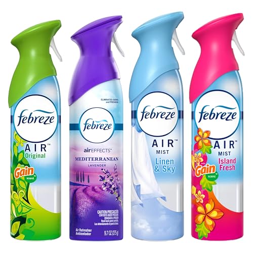 Febreze Air Freshener Odor Eliminator Spray, Assorted Scent Febreze & Bathroom Deodorizer, Original, Island Fresh, Linen Sky & Lavender, 4 Pack