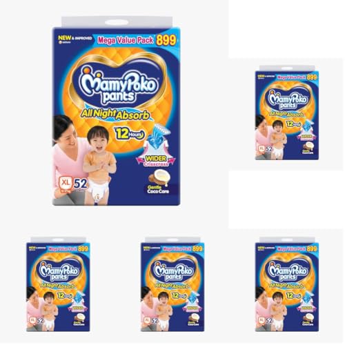 Image of Mamypoko pants All Night AbsorbPant Style Baby Diapers Size(XL), 52 Count, Ideal for 12-17Kgs|+50% wider and repeated absorption for all night 12hr protection from leakage, prevents heaviness.
