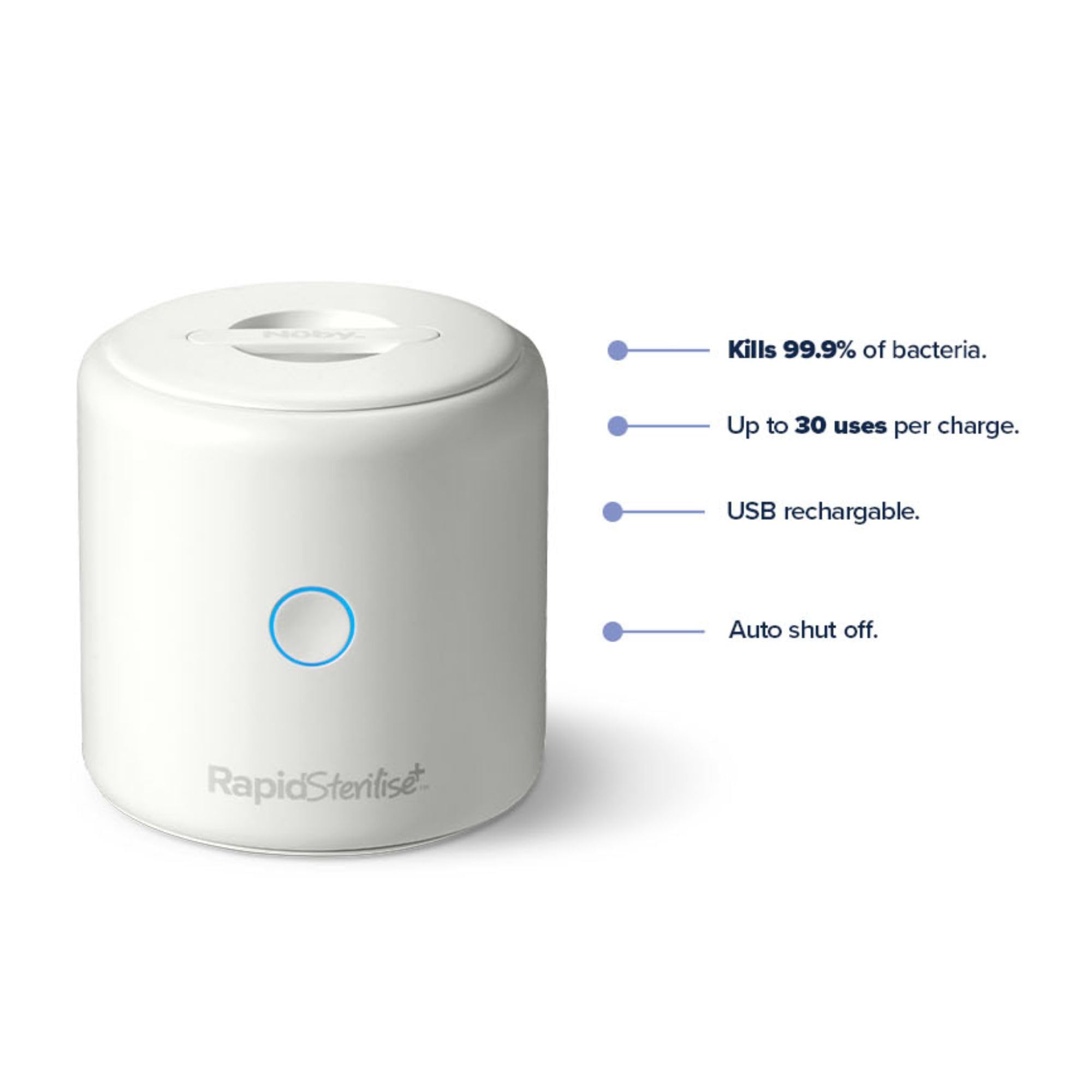Nuby RapidSterilise+ Sterilizzatore UV per biberon RapidBottle e RapidCool, portatile – 30 utilizzi per carica, ricarica USB, spegnimento automatico, elimina il 99,9% dei batteri in 1 minuto (Bianco)