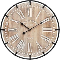 MODE HOME Large Farmhouse Wall Clock, 24 Inch Rustic Wooden Wall Clock Decorative with Metal Circle