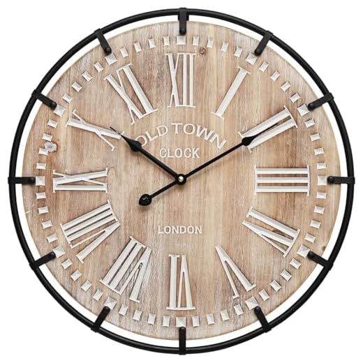 MODE HOME Large Farmhouse Wall Clock, 24 Inch Rustic Wooden Wall Clock Decorative with Metal Circle and Engraved Numerals, Silent Battery Operated for Kitchen Bedroom Living Room Fireplace Mantel