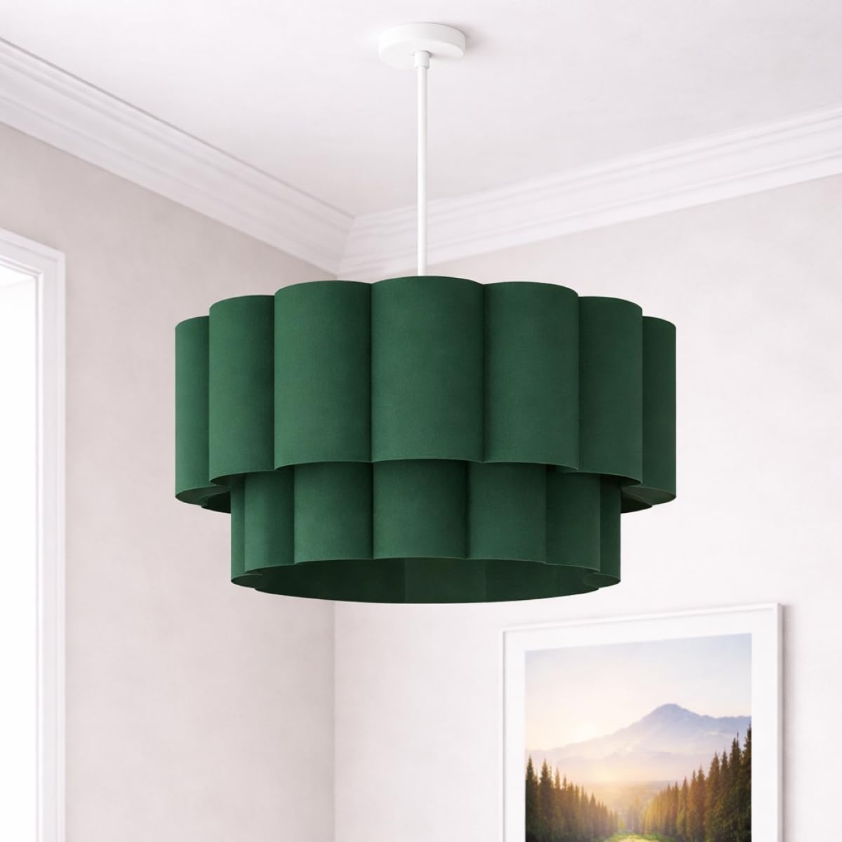 Cgc Lighting Green 2 Tier Indoor Lampshade Scalloped Two Tier Large 48Cm Width Drum Shape Ceiling Hanging (Green 2 Tier)