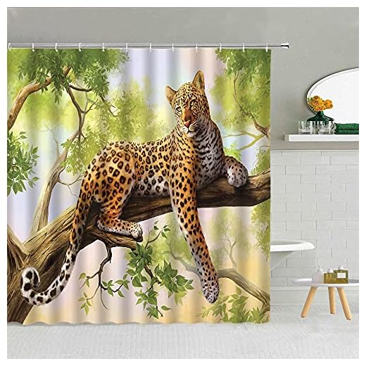Ferocious Animal Leopard Duschdraperi Tiger Green Plant Bath Screen Tyg Badrumsgardiner Med Krok Heminredning,180X200Cm