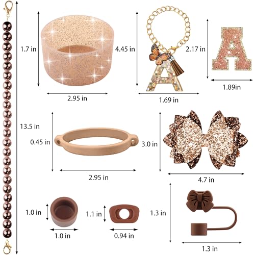 Hpebl 9PCS Brown for Stanley Cup Accessories Set Bling Initials Bow Charms for Stanley Decorations 30/40 Oz Tumbler Accessories Including Bow Straw Topper, Handle Strap, Spill Stopper（Letter A） - image 3