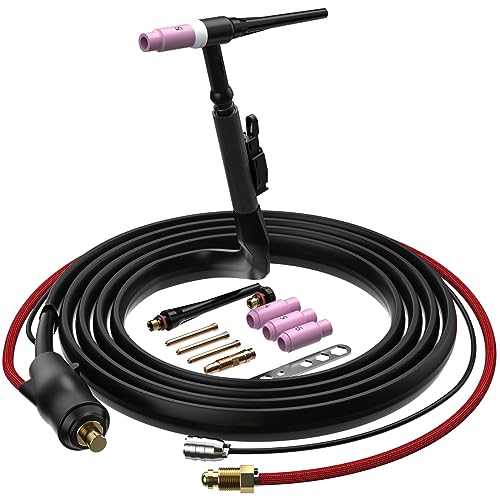 ARCCAPTAIN TIG Torch with High-Frequency Ignition, WP-17 Air-cooled Argon TIG Welding Torch with 35-50mm² Plug, 13-FT Air Hose (Red) and Cable, HF Tig Torch 150amp for ARCCAPTAIN TIG200/TIG200PACDC -  WP-17V 10-25