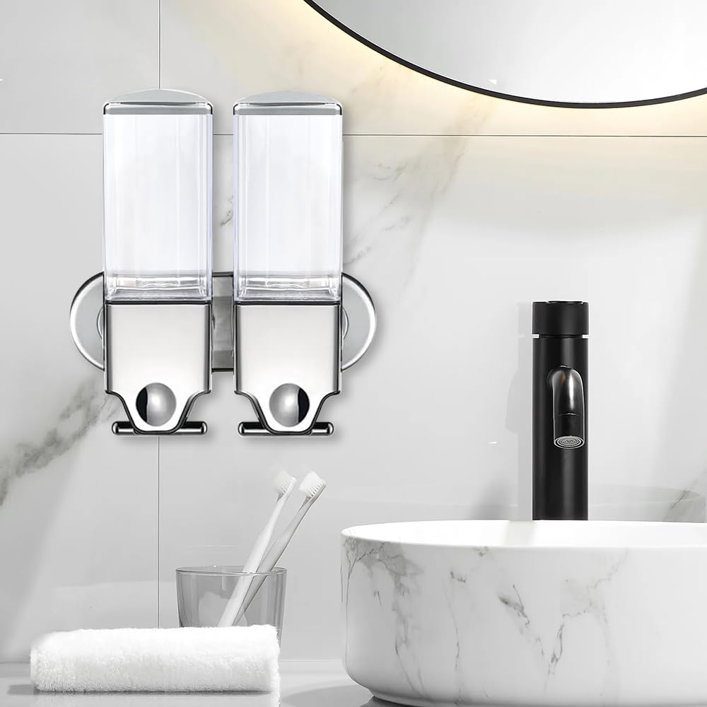 Dispensador de jabón sin taladrar con 2 cámaras para baño y cocina, dispensador de champú y acondicionador, sin taladros con adhesivo