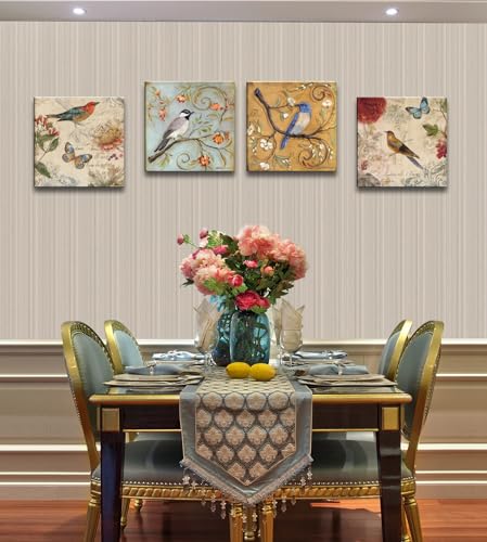 Image of Flowers Birds Canvas Wall Art for Bedroom Floral Wall Decor Butterfly Picture Framed Artwork Vintage Prints Paintings for Bathroom Kitchen Decorations
