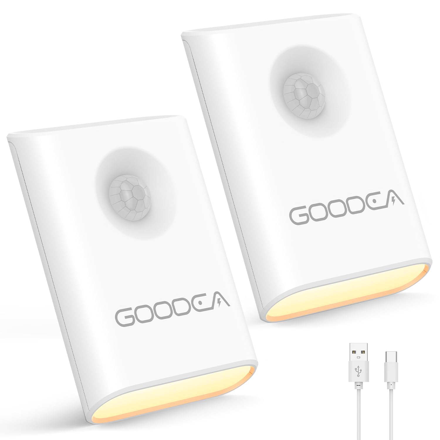 GOODEA Nachtlicht mit Bewegungsmelder 2 Stück, USB C Aufladbar Dimmbar Bewegungslicht bis zu 90 Tage - Auto-EIN/AUS Akku LED Lampe Beleuchtung Ohne Strom für Flur Treppe Schlafzimmer Bad - Warmweiß