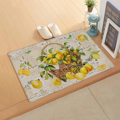 Rustic Lemon Antifatigue Kitchen Bath Door Mat Cushioned Runner Rug,Washable Welcome Floor Sink Mat,Waterproof & Non-Slip Standing Doormat for Kitchen,Watercolor Retro Blooming Fruit Yellow 18