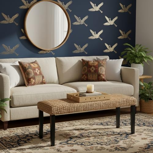 Image of Entryway Bench with Solid Wood Acacia, 47 inch End of Bed Bench for Bedroom, Water Hyacinth Indoor Bench Seat, Boho Woven Bench for Living Room, Wicker Bench for Hallway or Kitchen, Wood Bench (Black Leg)