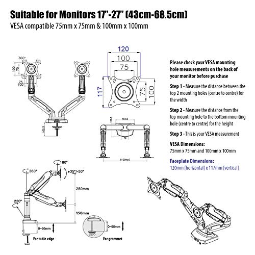 Invision Supporto Monitor Doppio - Ergonomico Altezza Regolabile (Assistenza Gas) per Schermi 17 a 27 Pollici - Inclinazione e Girevole VESA 75x75mm e 100x100mm Peso 2-6,5 kg (MX300)