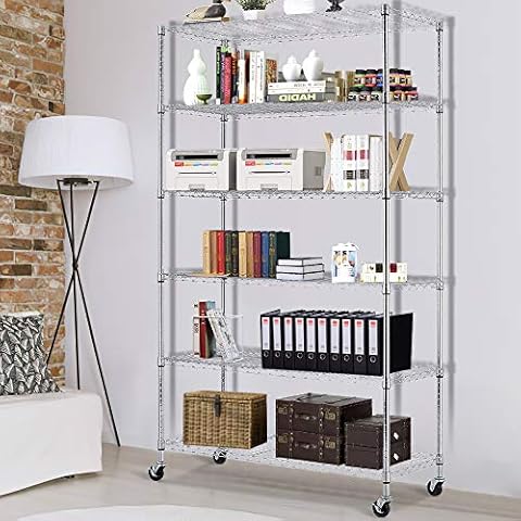 BestShop 6 Tier Wire Shelving Storage Metal Shelf Standing Shelf Units Height Adjustable Garage Shelving 48"x18"x82" with Wheels/Feet Levelers 2100lbs Capacity Commercial Shelving, Chrome Cover