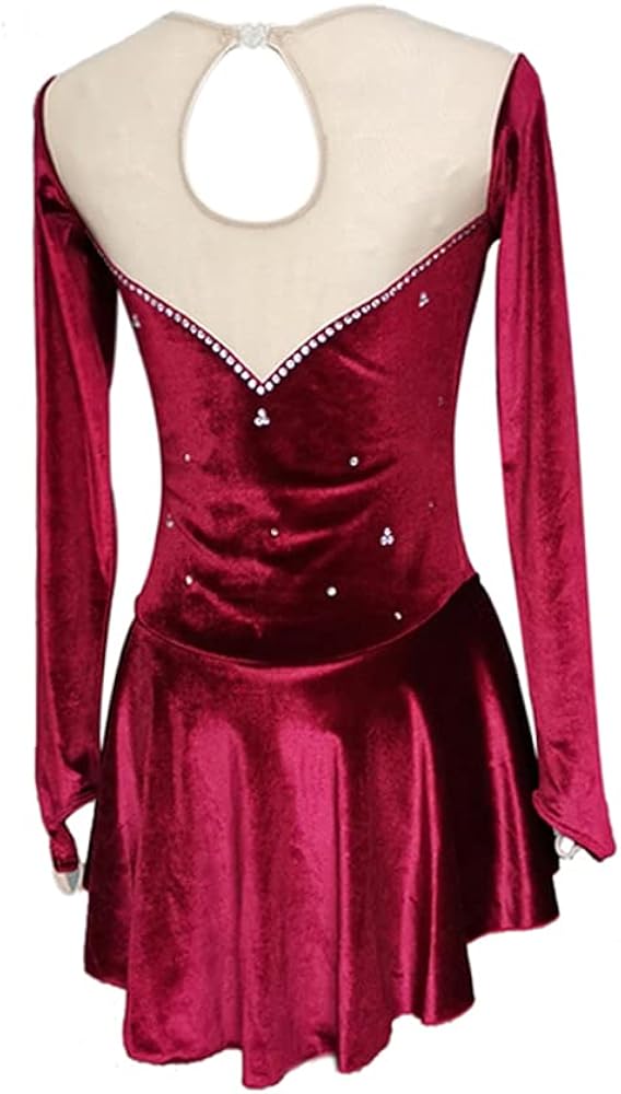 Figure Skating Dress Girls Wine Red Velvet Ice Skate Performance Dance Wear Kid : Sports & Outdoors