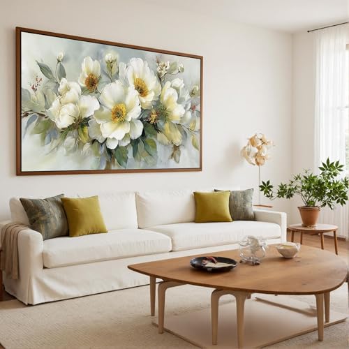 Peinture abstraite de fleurs blanches TONGYINLI grand format 55x110 cm sur toile avec cadre