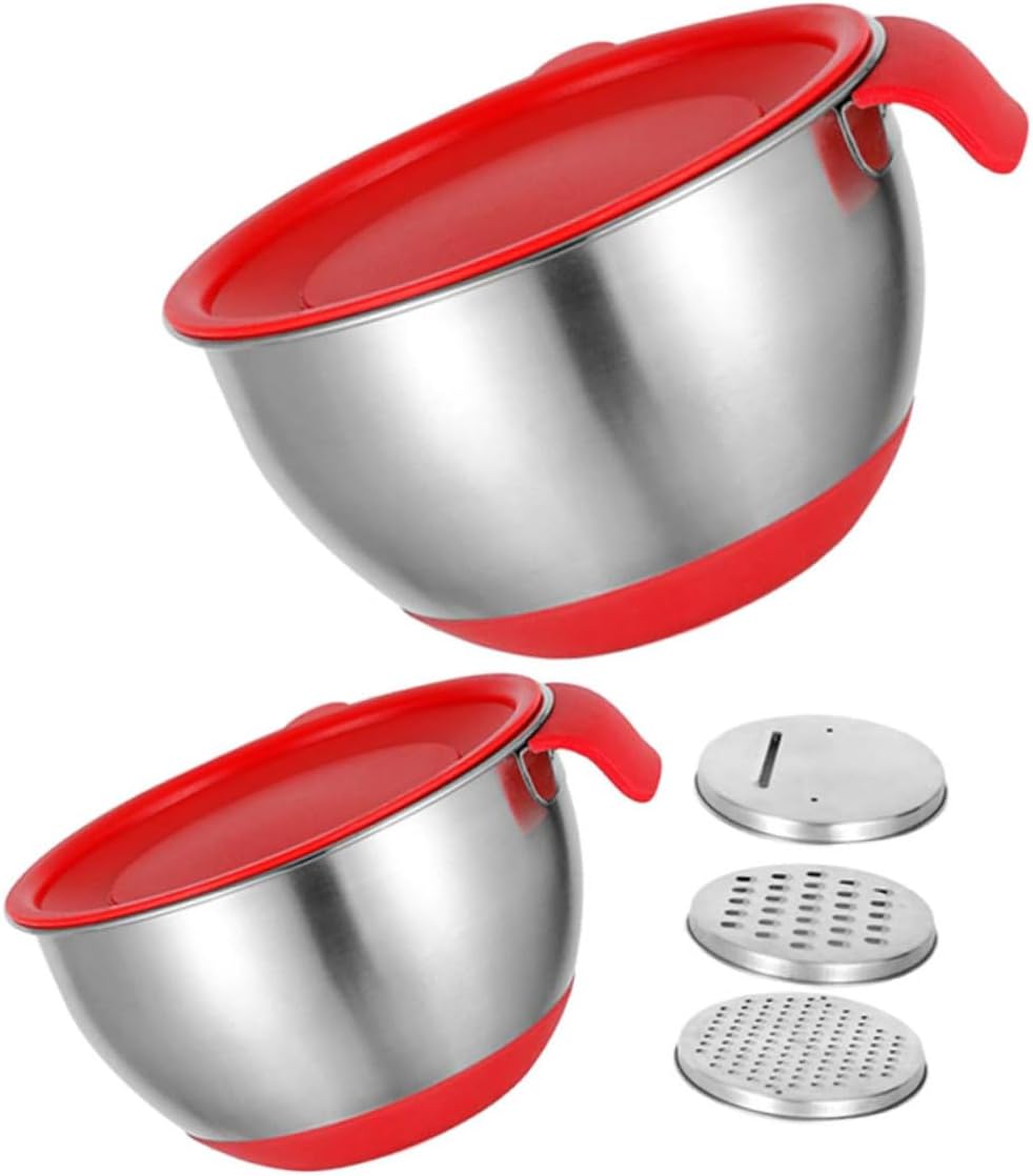 jojofuny Stainless Steel Mixing Bowl Set with Red Handles and Silicone Non-slip Base 18cm 20cm Salad and Dough Bowls with Lids and 3 Graters