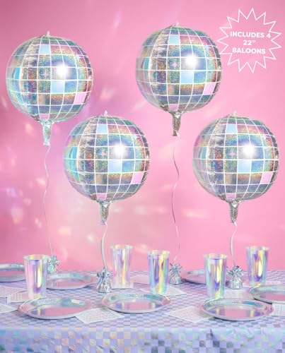 Image of xo, Fetti Iridescent Disco Ball Metallic Silver Foil Balloons - 4 pk, 22 inch | Last Disco Bachelorette Decorations, Groovy Birthday Party Supplies, 70s Baby Shower, NYE, Space Cowboy (Pack of 3)