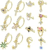 MOZAKA 14Pcs 20G Dangle Nose Rings for Women Surgical Steel L Shaped Nose Studs Cute Evil Eye Heart Moon Star Flower Cross Butterfly CZ Dangling Nose Rings Hoops Gold Silver Nose Piercing Jewelry