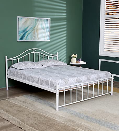 Image of Globally Indian Signature Designs Metal Queen Size Bed | Modern Bed with Sturdy Frame & Easy DIY Assembly | Ideal for Bedroom Use 5 x 6 Ft | White Metal with MDF Support
