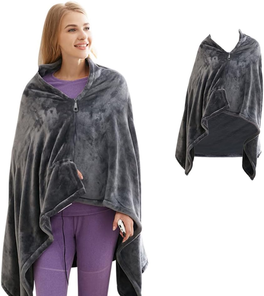 Double-Sided Coral Velvet Electric Heating Shawl Blanket Ultra Soft Heated Warm Cape with Zipper USB Charging Adjustable Temperature for Home Office 150cm x 85cm