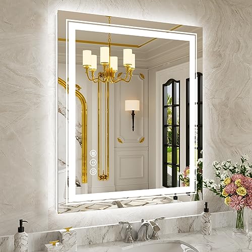 Image of WTTY LED Bathroom Mirror 30 inchx36 inch with Backlit and Front Light,Dimmable LED Mirror for Bathroom,Anti-Fog Lighted Bathroom Vanity Mirror Modern for Wall,Memory Function,Shatter-Proof
