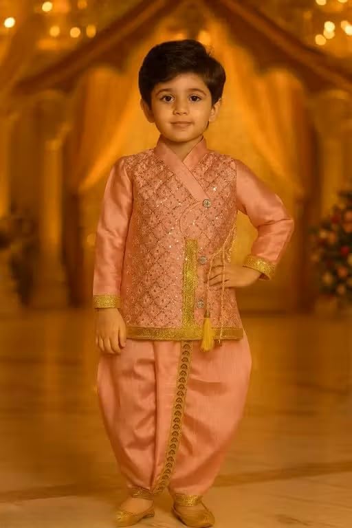 Image of Boys Ethnic wear Cotton Sequined Punjabi set | Stylish and Perfect Indian Outfit for kids-Yellow|Boys ethnic set